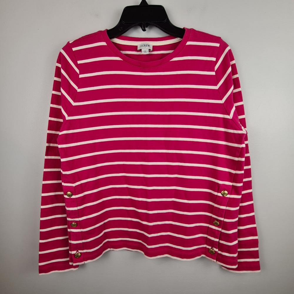 J.Crew Pink White Striped Long Sleeve Cotton Tee Gold Side Buttons Size S